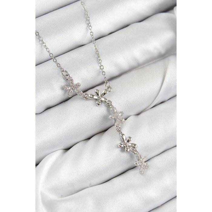 Erb 316L Çelik Zirkon Taşlı Çiçek Model Gümüş Renk Kadın Kolye