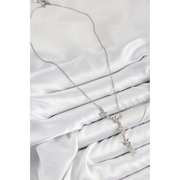 Erb 316L Çelik Zirkon Taşlı Çiçek Model Gümüş Renk Kadın Kolye