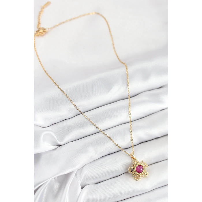 Erb 316L Çelik Zirkon Taşlı Döner Güneş Model Gold Renk Kadın Kolye