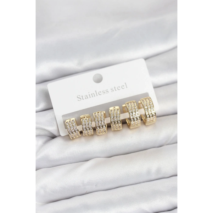 Erb 316L Çelik Zirkon Taşlı Gold Halka Küpe Seti