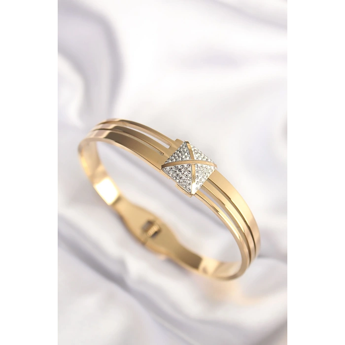 Erb 316L Çelik Zirkon Taşlı Gold Renk Kadın Kelepçe Bilezik