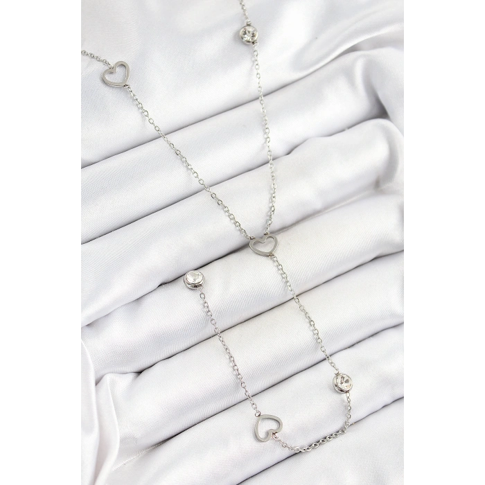 Erb 316L Çelik Zirkon Taşlı Kalp Figürlü Y Model Gümüş Renk Kadın Kolye