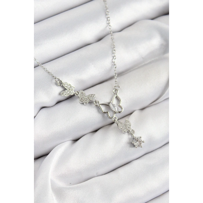Erb 316L Çelik Zirkon Taşlı Kelebek Model Gümüş Renk Kadın Kolye