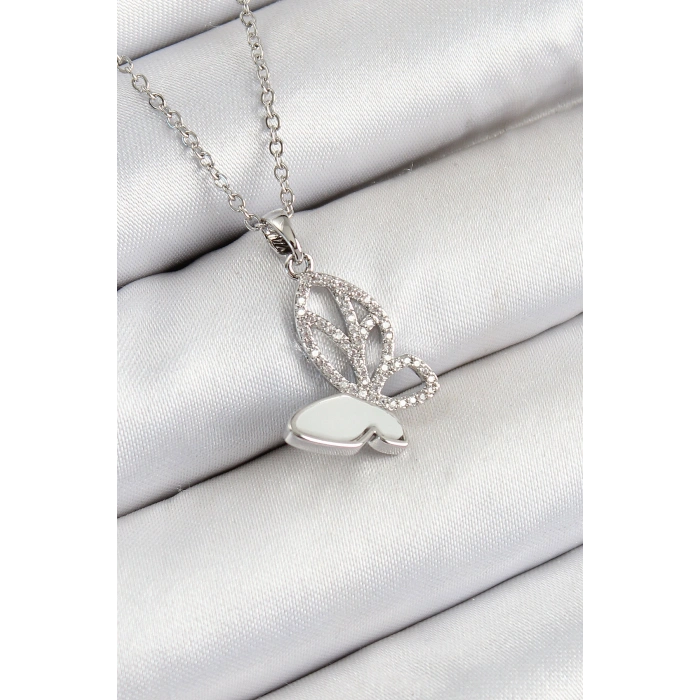 Erb 316L Çelik Zirkon Taşlı Kelebek Model Gümüş Renk Kadın Kolye