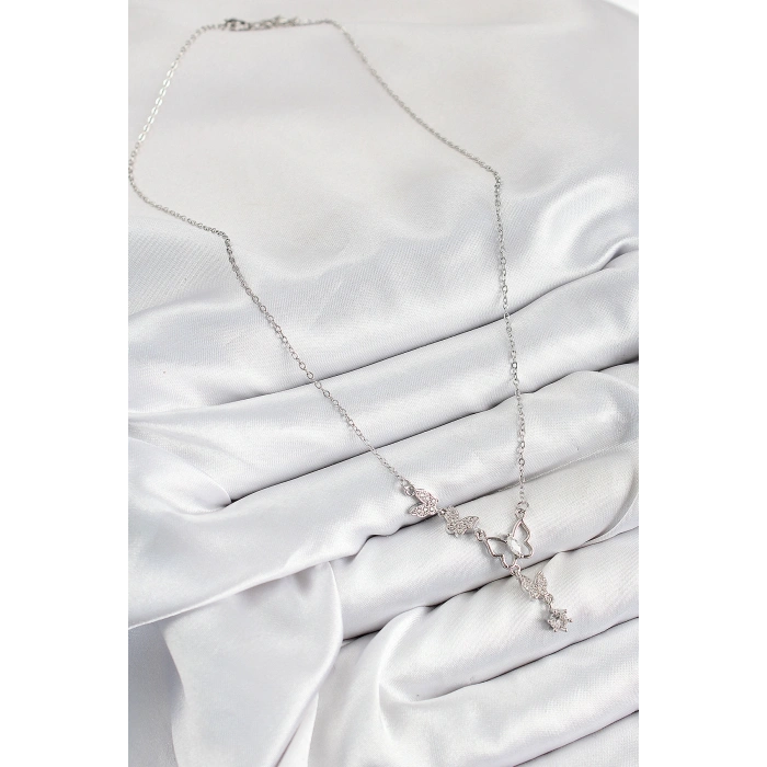 Erb 316L Çelik Zirkon Taşlı Kelebek Model Gümüş Renk Kadın Kolye