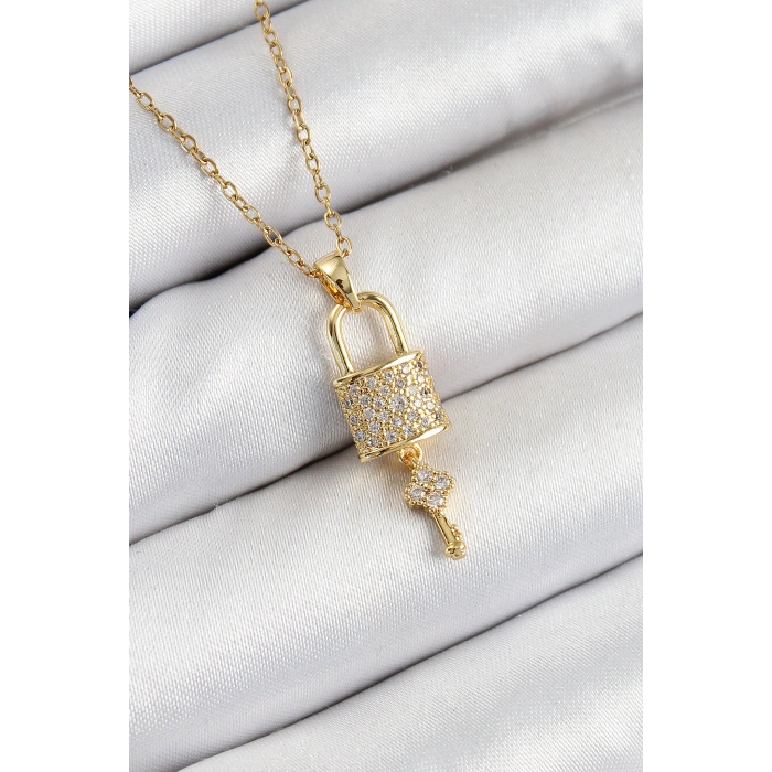 Erb 316L Çelik Zirkon Taşlı Kilit Ve Sallantılı Anahtar Model Gold Renk Kadın Kolye
