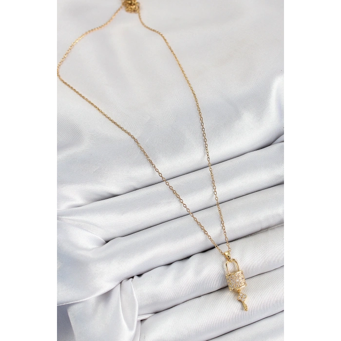 Erb 316L Çelik Zirkon Taşlı Kilit Ve Sallantılı Anahtar Model Gold Renk Kadın Kolye