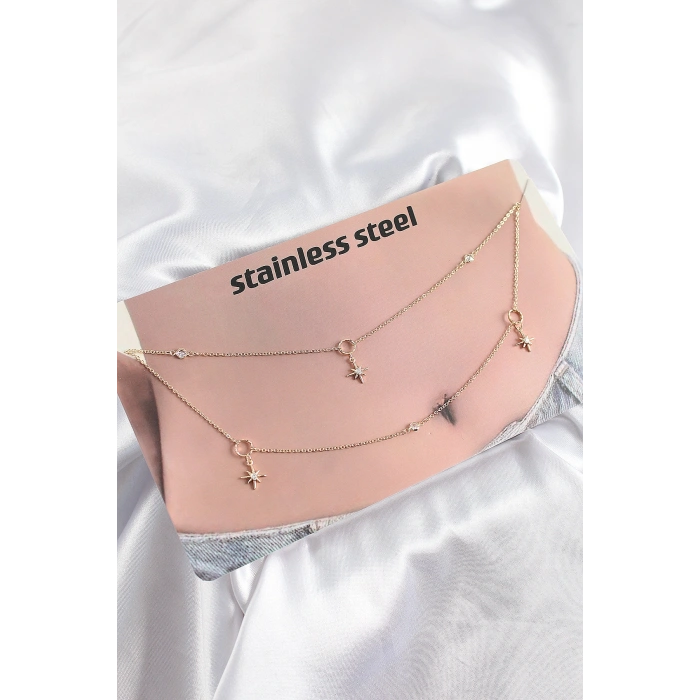 Erb 316L Çelik Zirkon Taşlı Kutup Yıldızı Model Gold Renk Göbek Bel Zinciri