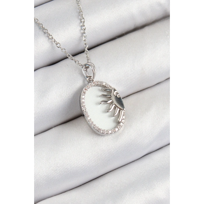 Erb 316L Çelik Zirkon Taşlı Yarım Güneş Model Gümüş Renk Kadın Kolye