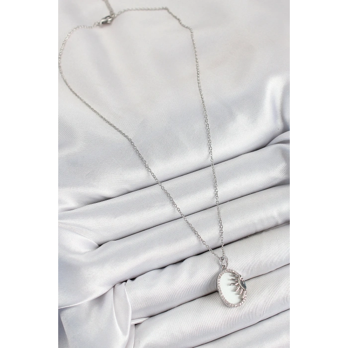 Erb 316L Çelik Zirkon Taşlı Yarım Güneş Model Gümüş Renk Kadın Kolye