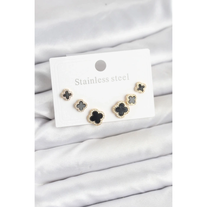 Erb 316L Çelik Zirkon Taşlı Yonca Model Kadın Küpe Seti