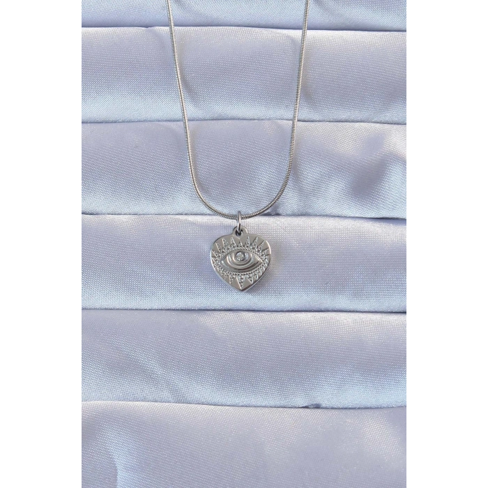 Erb 316L Gümüş Renk Zirkon Taşlı İşlemeli Göz Detay Kalp Kolye