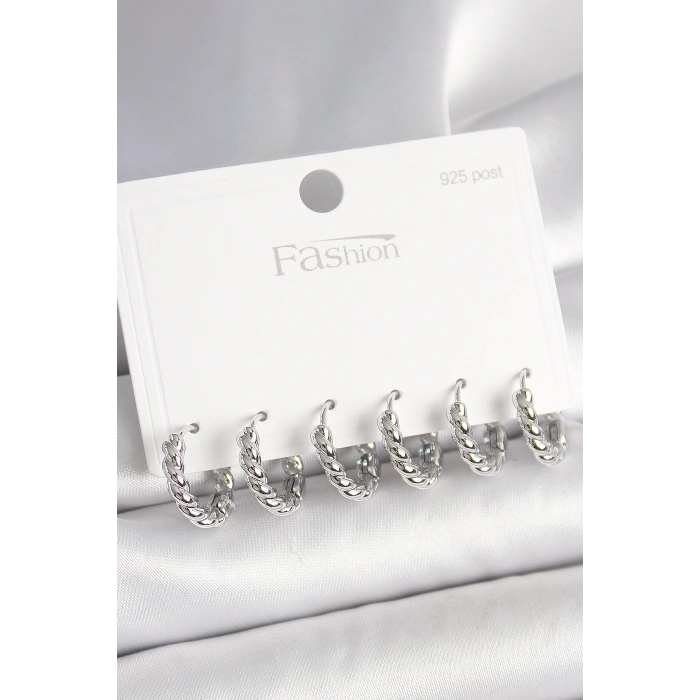 Erb 925 Ayar Gümüş Çivi Pirinç Gümüş Renk Sarmal Halka Model Kadın Küpe Seti