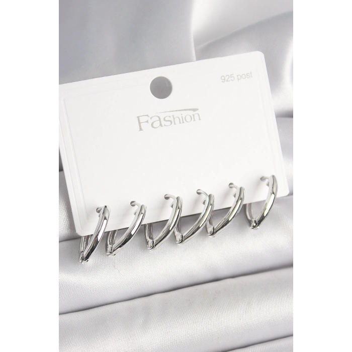 Erb 925 Ayar Gümüş Çivi Pirinç Gümüş Renk Üçgen Model Kadın Küpe Seti