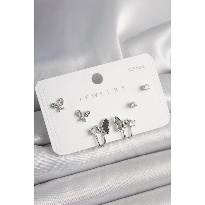 Erb 925 Ayar Gümüş Çivi Pirinç Gümüş Renk Zirkon Taşlı Kelebek Model Kadın Küpe Seti