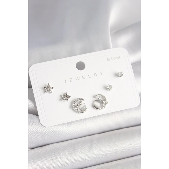 Erb 925 Ayar Gümüş Çivi Zirkon Taşlı Hilal Yıldız Model Kadın Küpe Seti