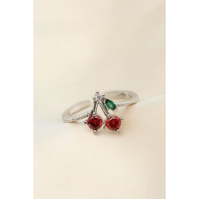 Erb Ayarlamalı Gümüş Renk Kristal Taşlı Kiraz Yüzük