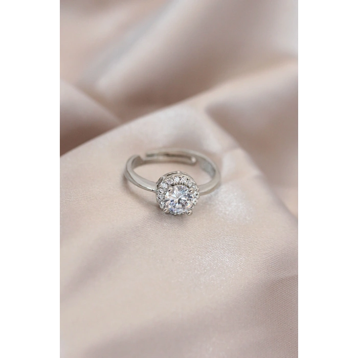 Erb Ayarlamalı Gümüş Renk Metal Zirkon Ve Kristal Taşlı Oval Model Yüzük