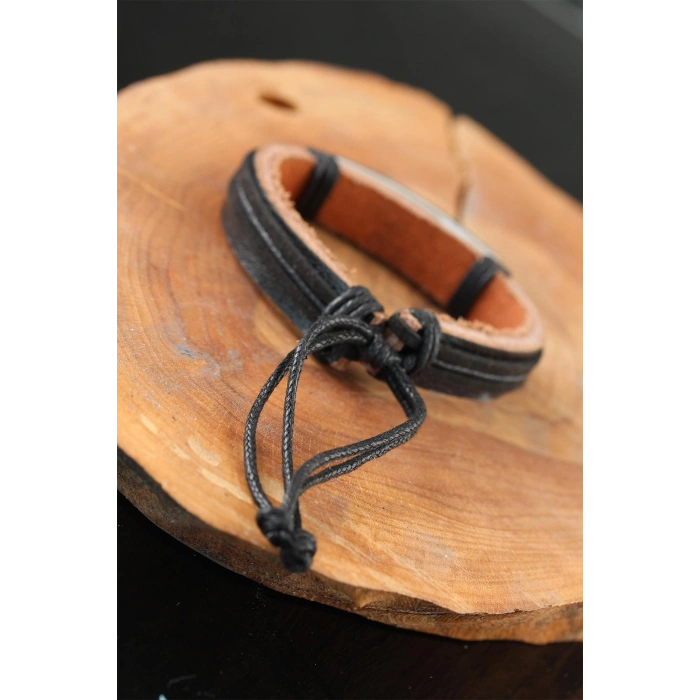 Erb Çelik Aksesuarlı Siyah Renk Deri Erkek Bileklik