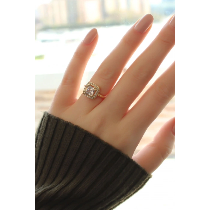 Erb Gold Baget Ve Zirkon Taşlı Kare Yüzük