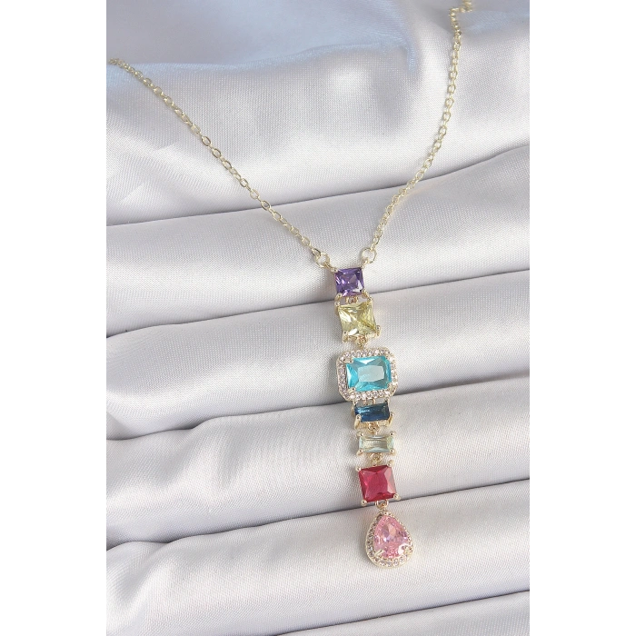 Erb Gold Karışık Renk Zirkon Taşlı Y Pirinç Kolye