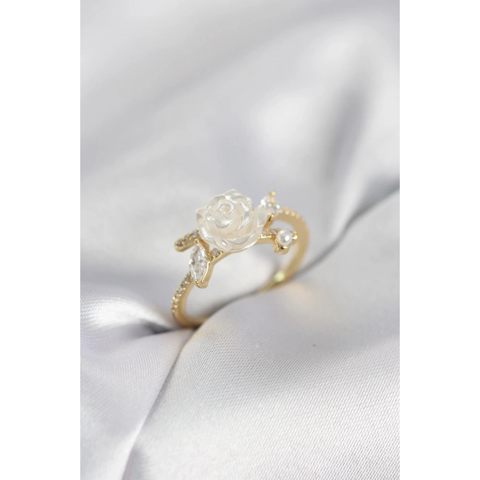 Erb Gold Renk Gül Model Zirkon Taşlı Kadın Yüzük