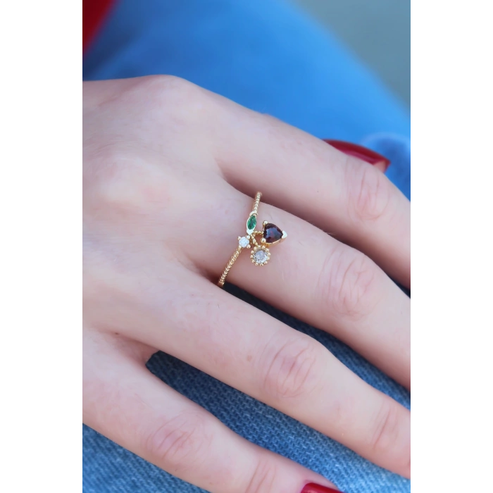 Erb Gold Renk Kiraz Model Zirkon Taşlı Kadın Yüzük