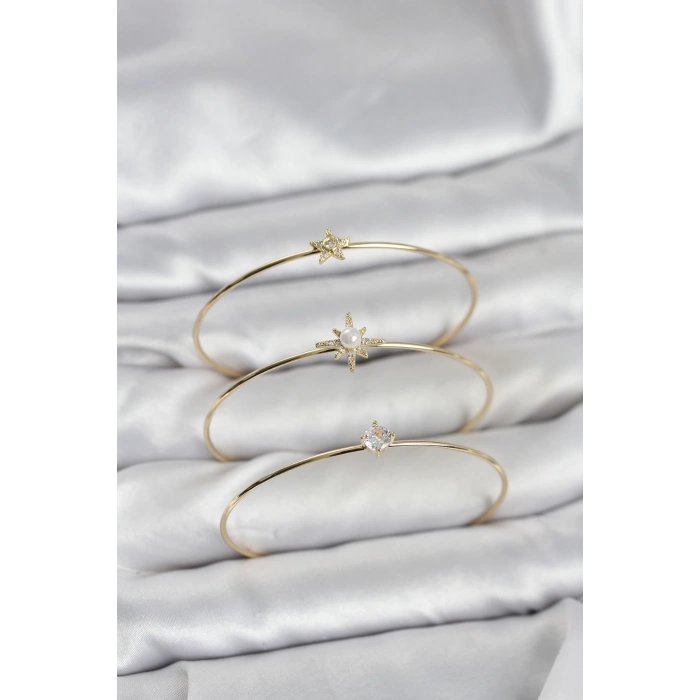 Erb Gold Renk Kutup Yıldızı Model Zirkon Taşlı 3'lü Kadın Bileklik Kombini