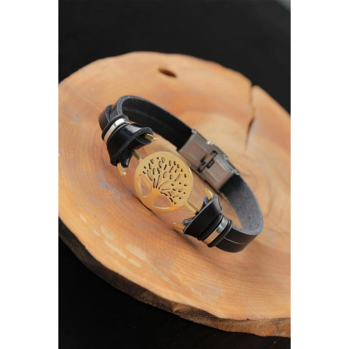 Erb Gold Renk Metal Ağaçlı Tasarım Siyah Renk Deri Erkek Bileklik