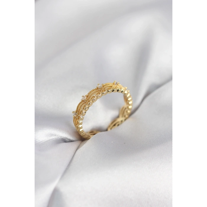 Erb Gold Renk Motif Desenli Zirkon Taşlı Kadın Yüzük