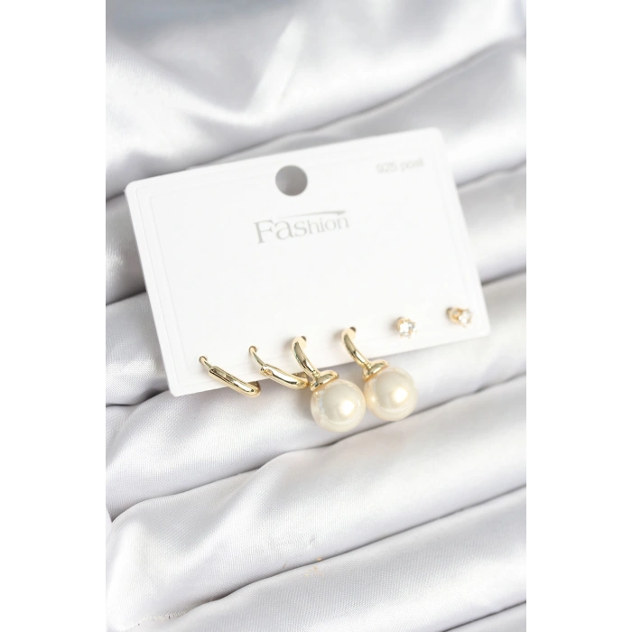 Erb Gold Renk Pirinç 925 Ayar Gümüş Çivili Kadın Küpe Seti