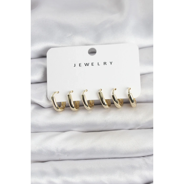 Erb Gold Renk Pirinç Halka Kadın Küpe Seti