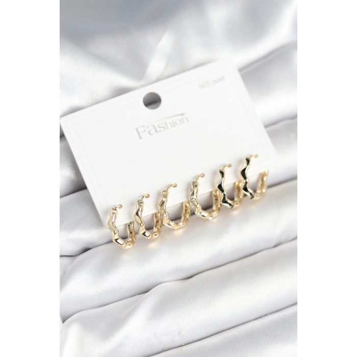 Erb Gold Renk Pirinç Zikzak Model 925 Ayar Gümüş Çivili Kadın Küpe Seti