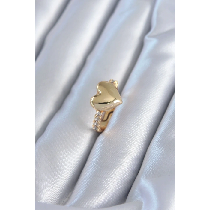 Erb Gold Renk Pirinç Zirkon Taşlı Kalp Model Kadın Yüzük