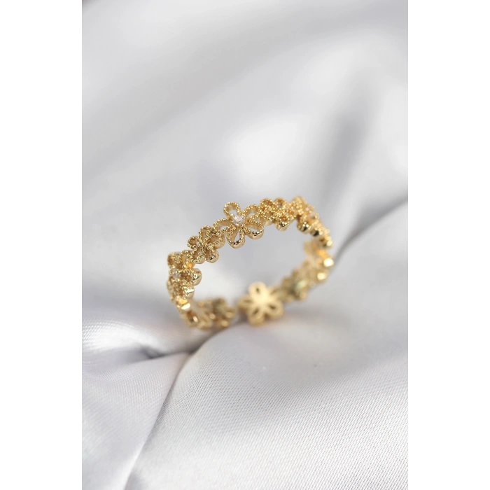 Erb Gold Renk Sıralı Çiçek Model Zirkon Taşlı Kadın Yüzük