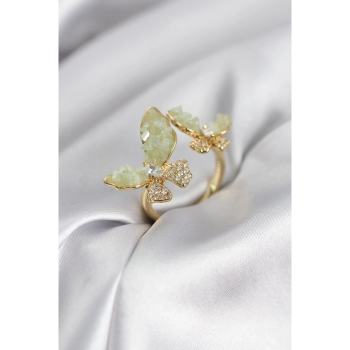 Erb Gold Renk Su Yeşili Kelebek Model Zirkon Taşlı Kadın Yüzük