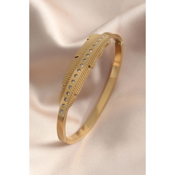 Erb Gold Renk Yaprak Model Zirkon Taş Detay Kelepçe Kadın Bileklik