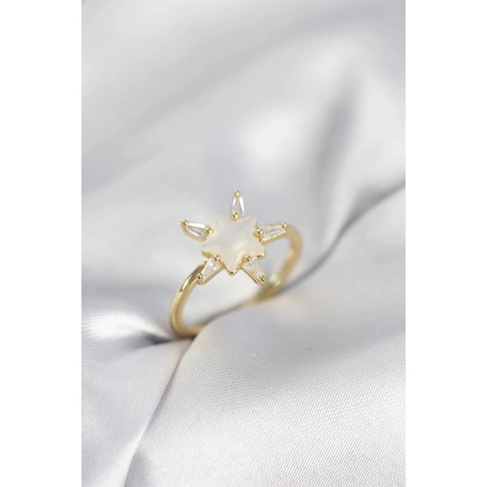 Erb Gold Renk Yıldız Model Sedefli Zirkon Taşlı Kadın Yüzük