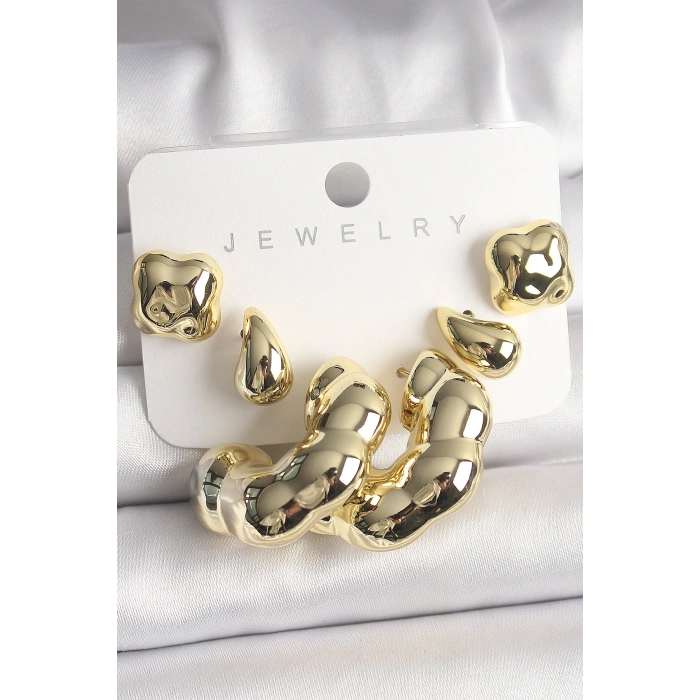 Erb Gold Renk Yonca Damla Halka Model CCB Plastik Kadın Küpe Seti