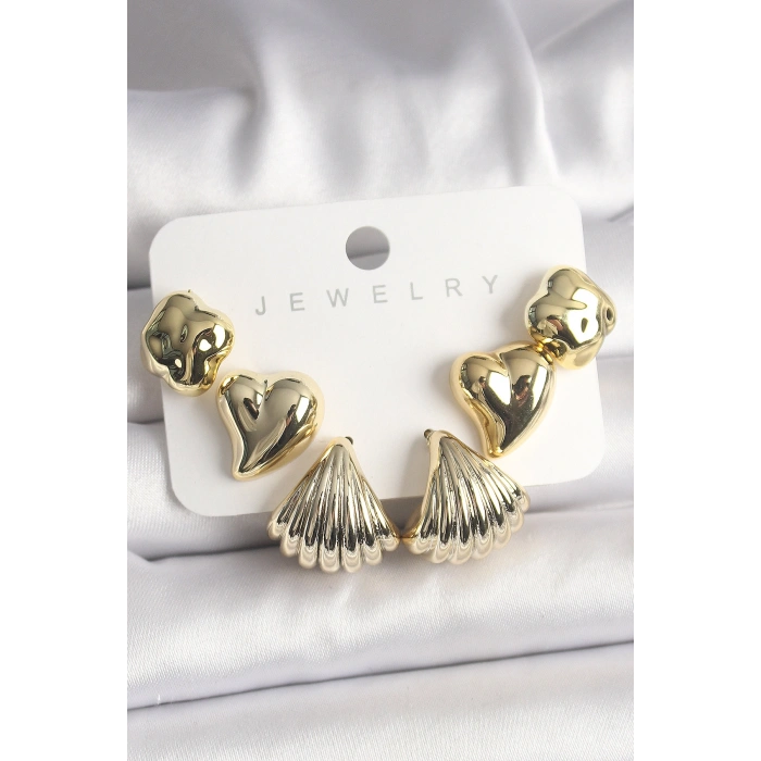 Erb Gold Renk Yonca Kalp Deniz Kabuğu Figür CCB Kadın Küpe Seti