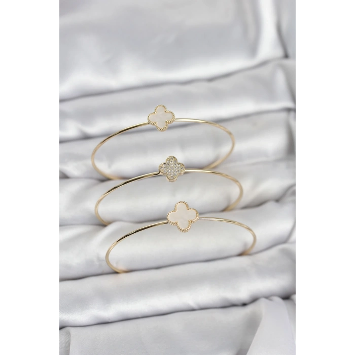 Erb Gold Renk Yonca Model Zirkon Taşlı 3'lü Kadın Bileklik Kombini