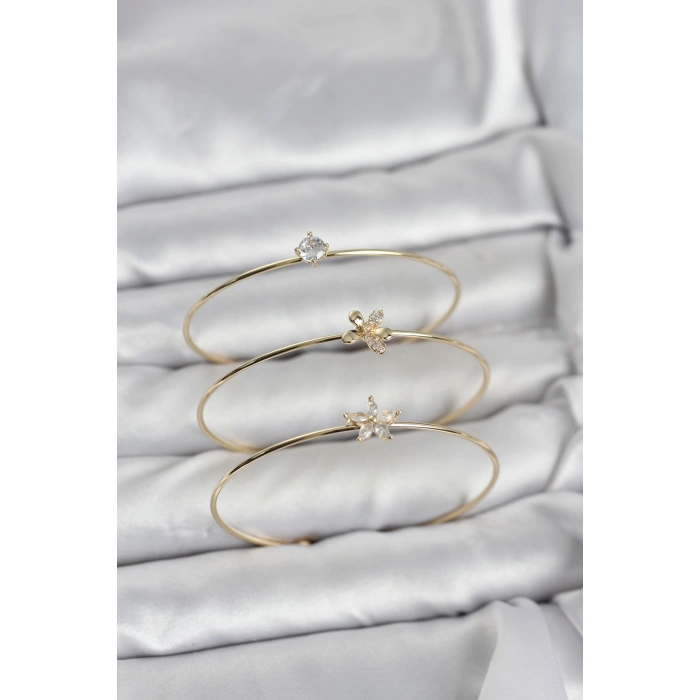 Erb Gold Renk Zirkon Taşlı Pirinç 3'lü Kadın Bileklik Kombini