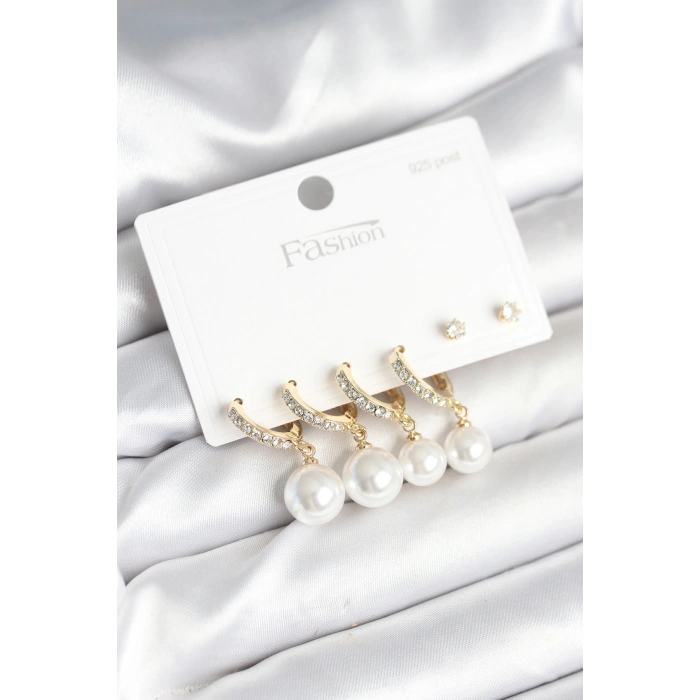 Erb Gold Renk Zirkon Taşlı Pirinç İncili 925 Ayar Gümüş Çivili Küpe Seti