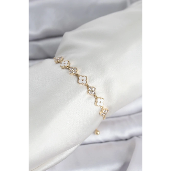 Erb Gold Renk Zirkon Taşlı Sıralı Yonca Model Asansörlü Kadın Bileklik