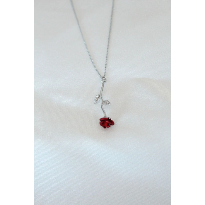 Erb Gümüş Kaplama Kırmızı Gül Figürlü Kadın Kolye