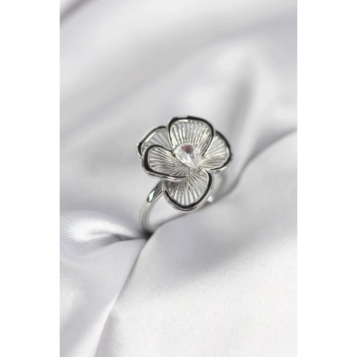 Erb Gümüş Renk Çiçek Model Vintage Kadın Yüzük