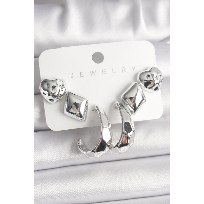 Erb Gümüş Renk Kalp Halka Figür CCB Plastik Kadın Küpe Seti