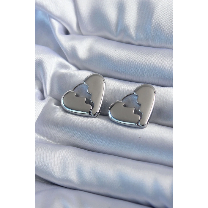 Erb Gümüş Renk Kırık Kalp Model Pirinç Kadın Küpe