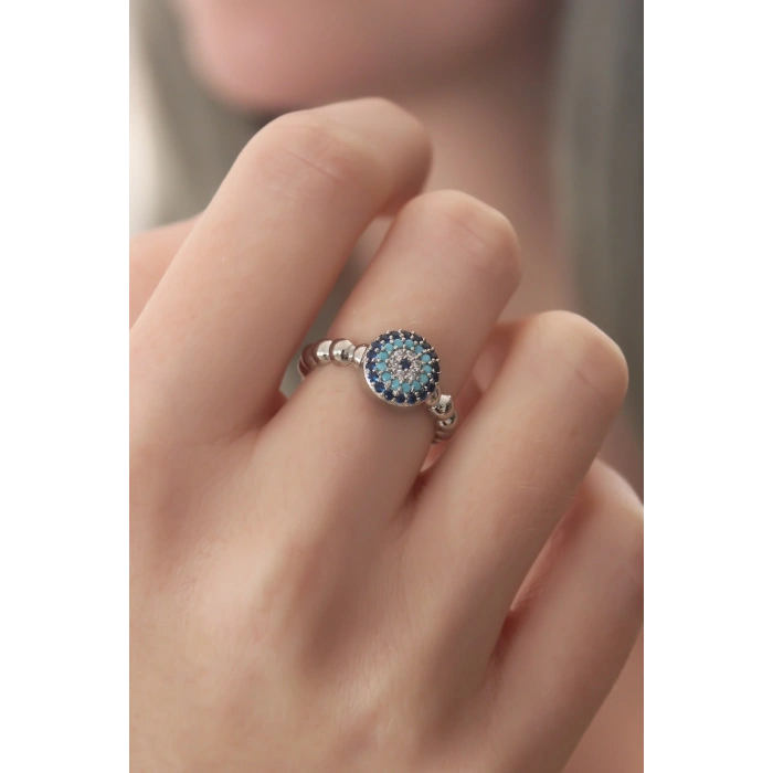 Erb Gümüş Renk Nazar Boncuk Figür Zirkon Taş Detay Kadın Yüzük