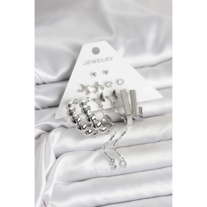 Erb Gümüş Renk Pirinç 6'lı Kadın Küpe Seti